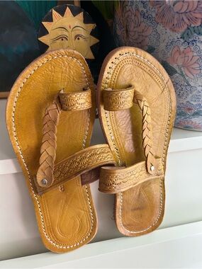 Handmade Leather Braided Toe Ring Sandals Brown Boho Slip On Women’s Size 8